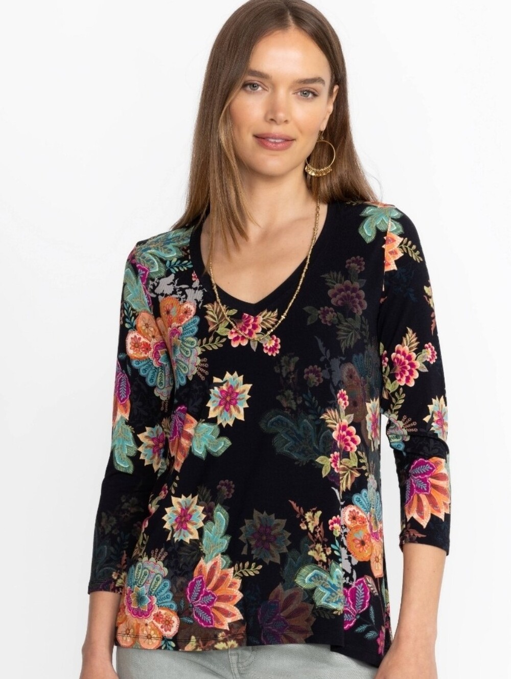 Johnny Was The Janie Favorite V-Neck Colorful Floral 3/4 Sleeve Top Size L